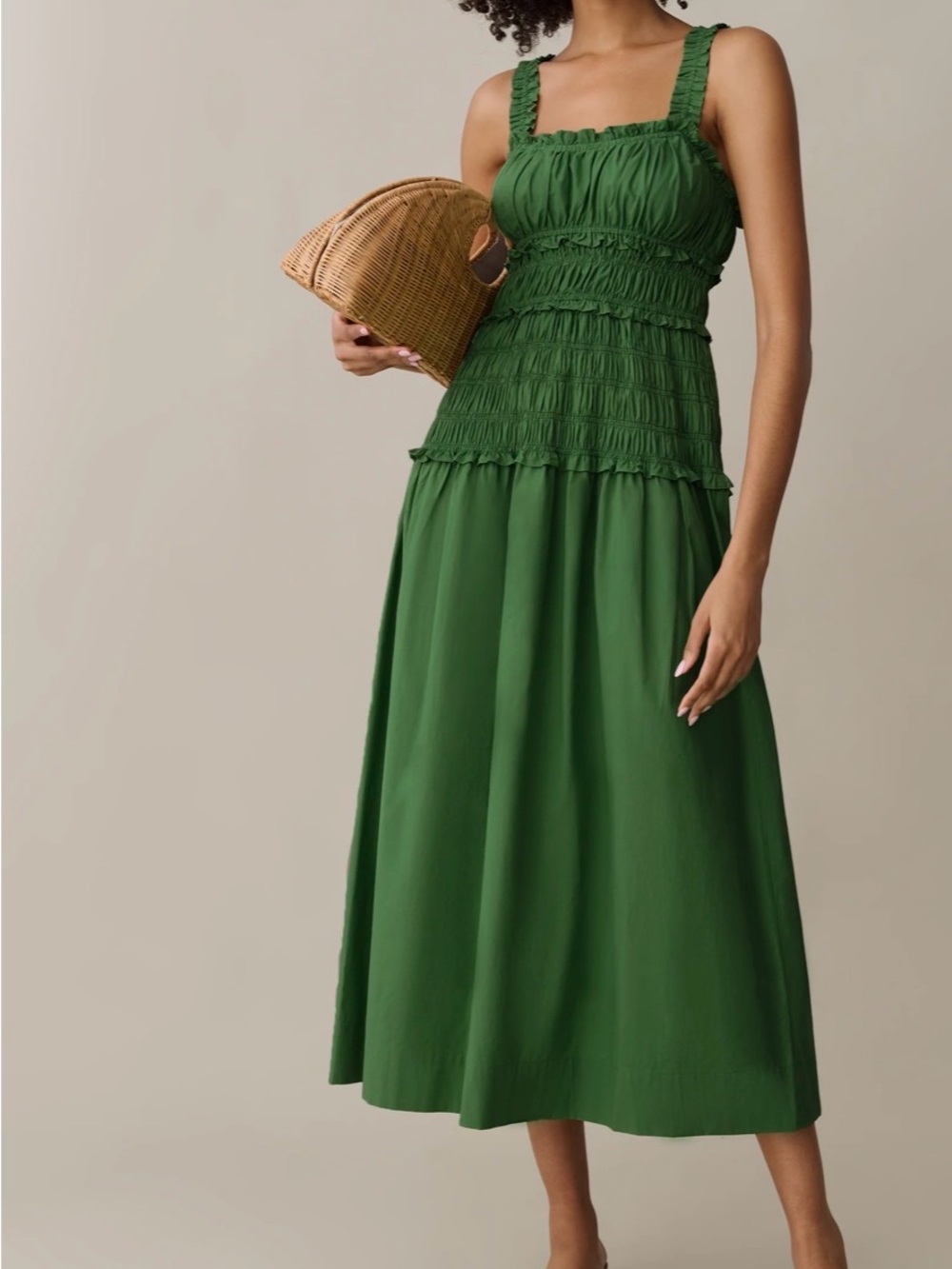 Freya cotton dress, Smocked Green Midi Dress with Ruffle Straps. Fern green